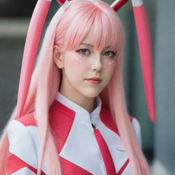 Someone cosplaying as Zero Two from Darling in the Franxx. They wear her signature red and white suit, complete with a pair of pink antler-shaped hair clips in their hair.