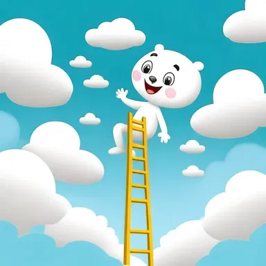 The cartoon character climbed up the vertical ladder to reach the clouds.