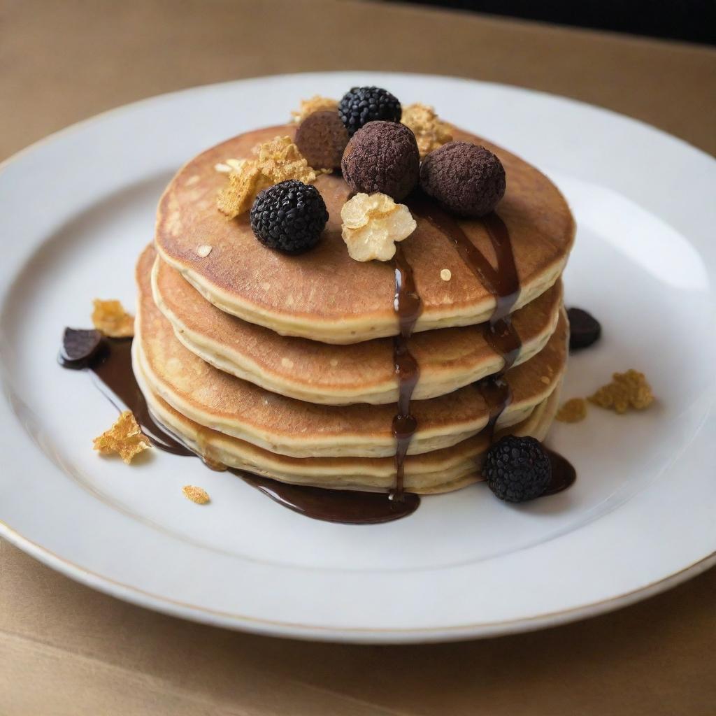 An ultra-luxurious pancake, adorned with high-end ingredients such as truffles and edible gold leaf, symbolizes a 1000 dollar pancake.