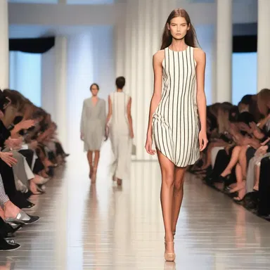 The model gracefully walked down the runway in a stunning vertical striped dress.