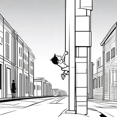 In the comic strip, the character clung to the vertical post to avoid falling.