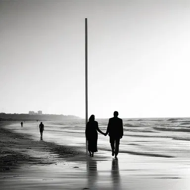 The couple took a walk along the beach, admiring the vertical stakes that marked the pathway.