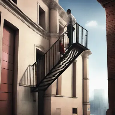 The suspenseful scene showed the protagonist climbing a vertical stairway to reach the roof.