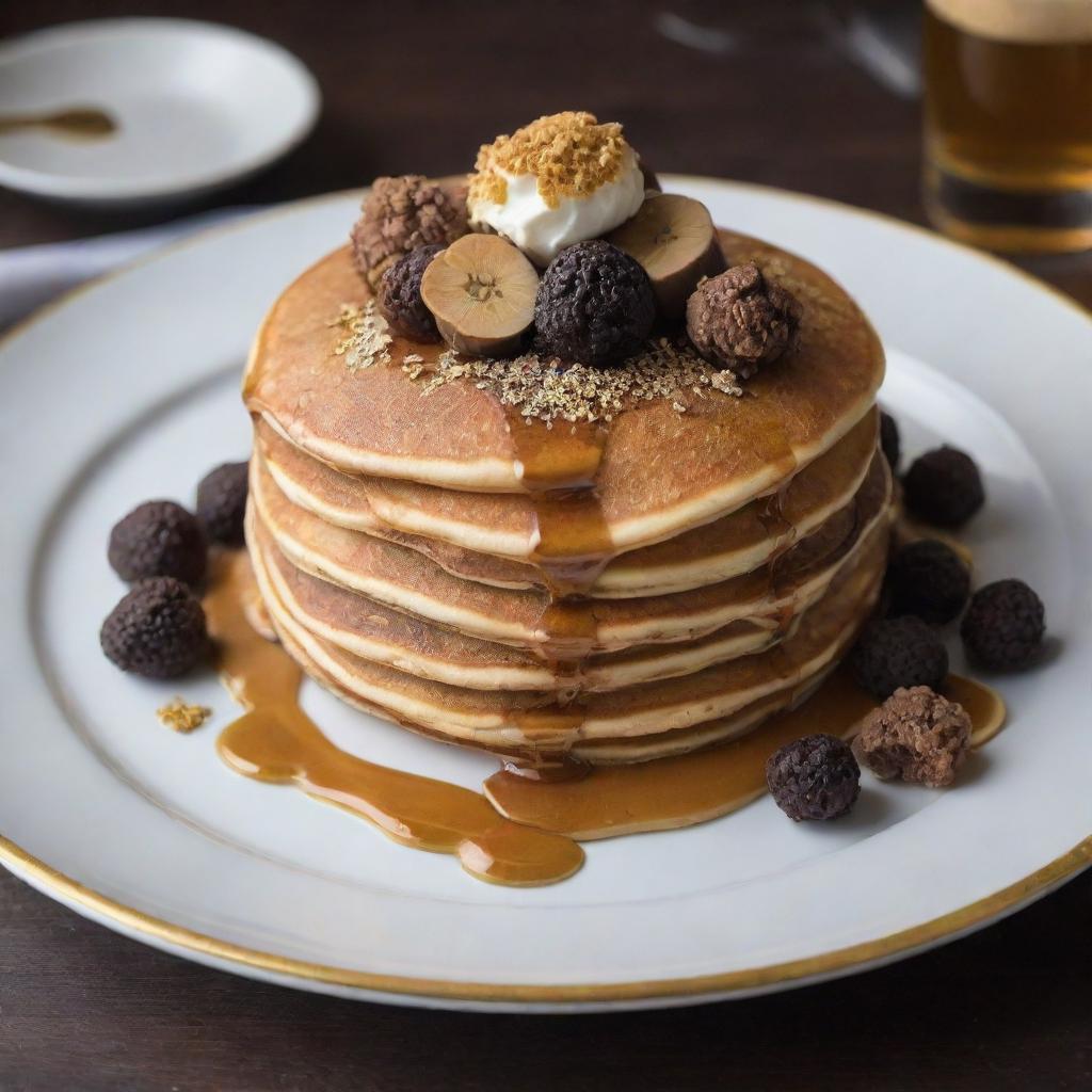 An ultra-luxurious pancake, adorned with high-end ingredients such as truffles and edible gold leaf, symbolizes a 1000 dollar pancake.