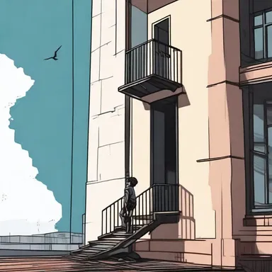 The suspenseful scene showed the protagonist climbing a vertical stairway to reach the roof.