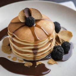 An ultra-luxurious pancake, adorned with high-end ingredients such as truffles and edible gold leaf, symbolizes a 1000 dollar pancake.