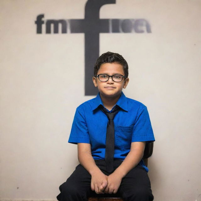 A young boy dressed in a blue shirt and black pants, sporting black glasses, sits on a chair against a wall. A Facebook logo, emblazoned with the name 'Hridoy', adorns the wall behind him.