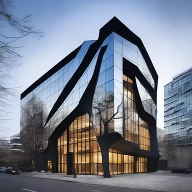The avant-garde building design features a dramatic glower on the façade, creating a sense of intensity and anger.
