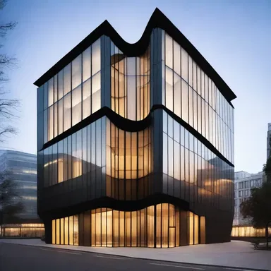 The avant-garde building design features a dramatic glower on the façade, creating a sense of intensity and anger.