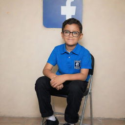 A young boy dressed in a blue shirt and black pants, sporting black glasses, sits on a chair against a wall. A Facebook logo, emblazoned with the name 'Hridoy', adorns the wall behind him.