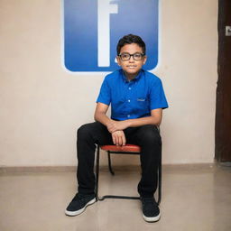 A young boy dressed in a blue shirt and black pants, sporting black glasses, sits on a chair against a wall. A Facebook logo, emblazoned with the name 'Hridoy', adorns the wall behind him.