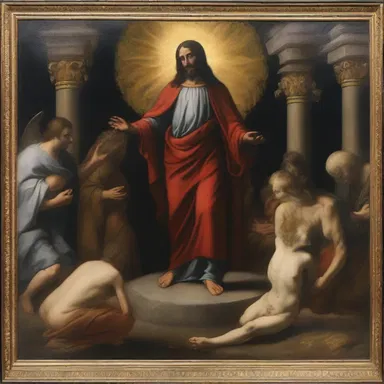 In the religious painting, the deity glowered down at the sinners, warning them of their wrongdoings.