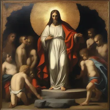 In the religious painting, the deity glowered down at the sinners, warning them of their wrongdoings.