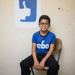 A young boy dressed in a blue shirt and black pants, sporting black glasses, sits on a chair against a wall. A Facebook logo, emblazoned with the name 'Hridoy', adorns the wall behind him.