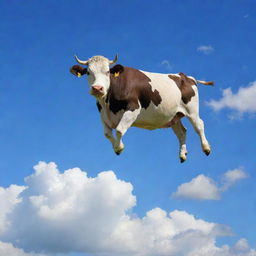 A whimsical sight of a cow soaring in a bright blue sky, with streaks of fluffy white clouds around it.