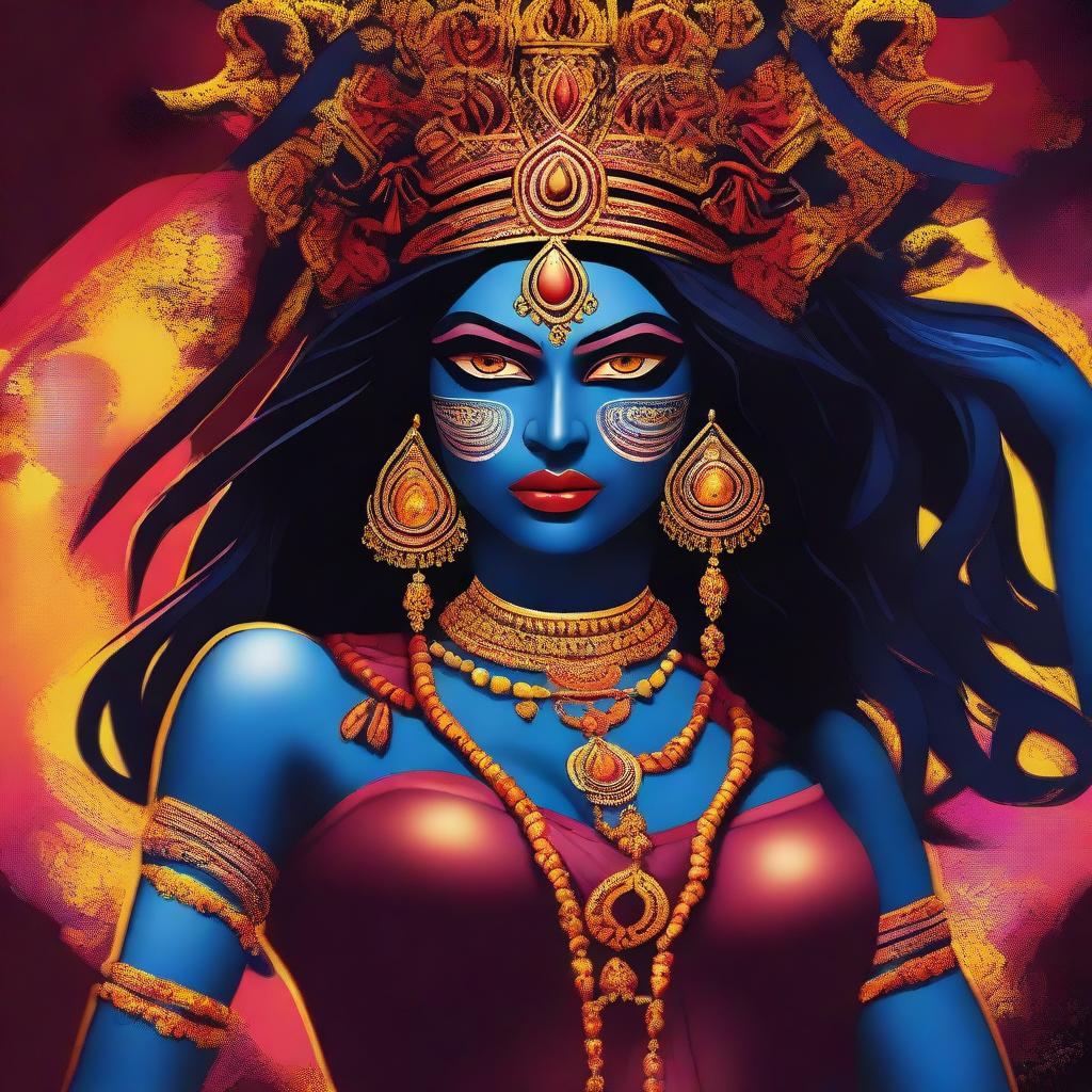 A high-quality digital art image featuring the fierce aspect of Kali, the Hindu goddess