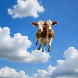 A whimsical sight of a cow soaring in a bright blue sky, with streaks of fluffy white clouds around it.