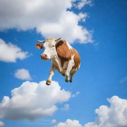 A whimsical sight of a cow soaring in a bright blue sky, with streaks of fluffy white clouds around it.