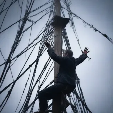As the storm raged, the terrified protagonist climbed up to the crow's nest, only to find a bloodied handprint on the mast.