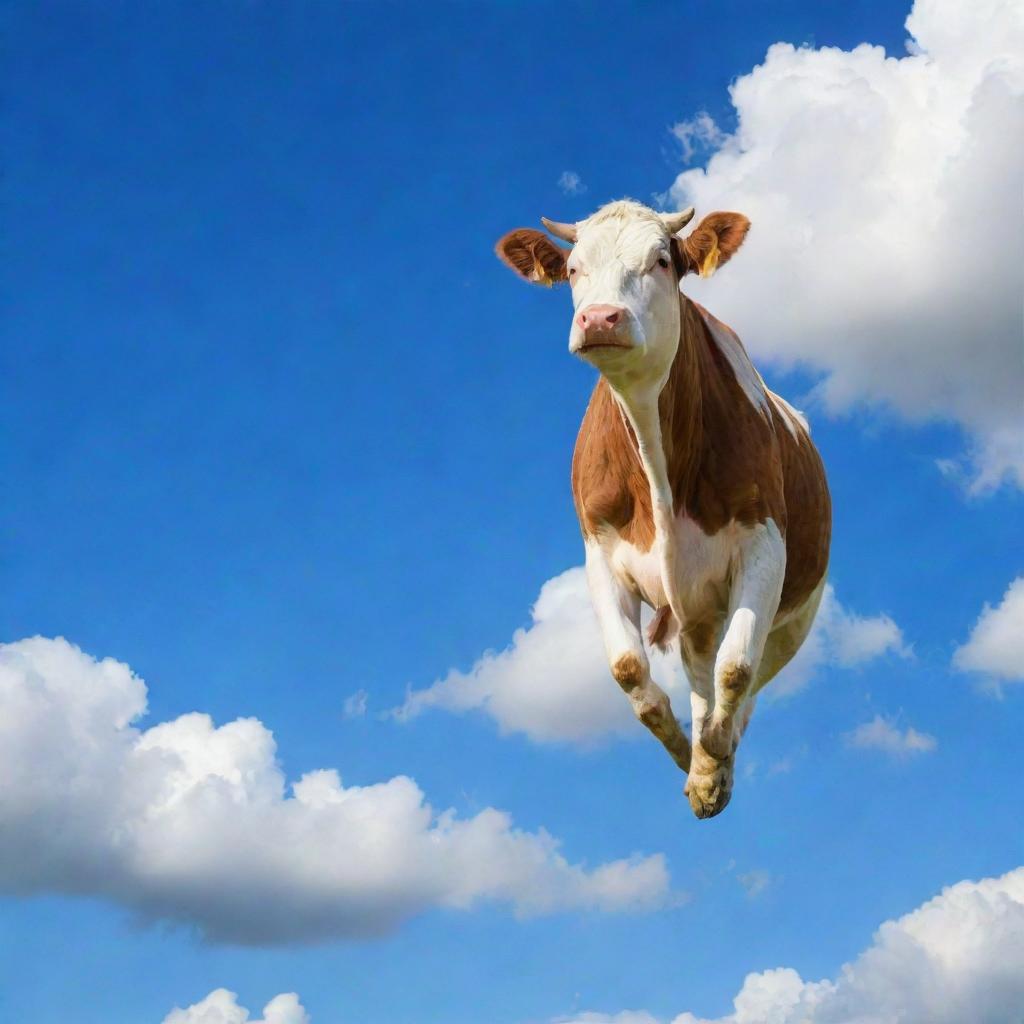 A whimsical sight of a cow soaring in a bright blue sky, with streaks of fluffy white clouds around it.