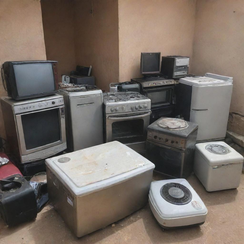 A collection of used items including a laptop, gas cooker, television, refrigerator, chairs, cars, center table, fan, and air conditioner, all in various states of wear but still functional.