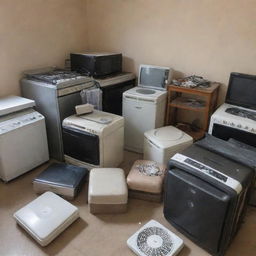 A collection of used items including a laptop, gas cooker, television, refrigerator, chairs, cars, center table, fan, and air conditioner, all in various states of wear but still functional.