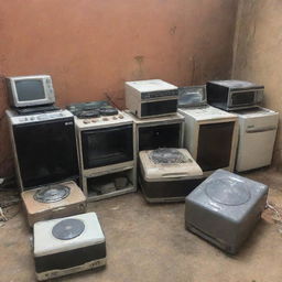 A collection of used items including a laptop, gas cooker, television, refrigerator, chairs, cars, center table, fan, and air conditioner, all in various states of wear but still functional.