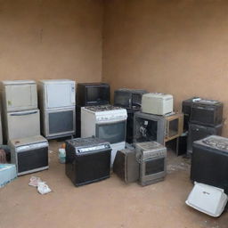 A collection of used items including a laptop, gas cooker, television, refrigerator, chairs, cars, center table, fan, and air conditioner, all in various states of wear but still functional.