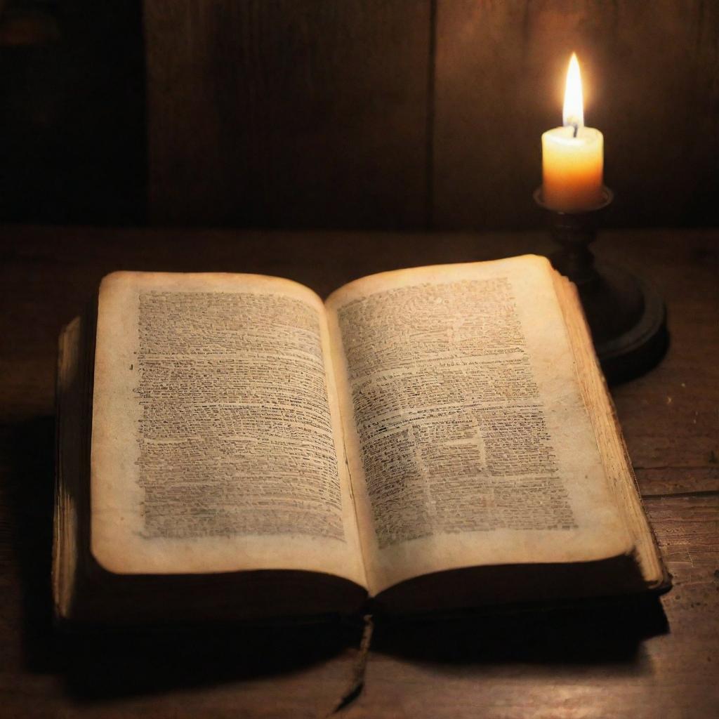 An old, sacred book titled 'The Book of Ezra' lying open on a wooden table, with candlelight illuminating the pages.