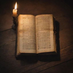 An old, sacred book titled 'The Book of Ezra' lying open on a wooden table, with candlelight illuminating the pages.