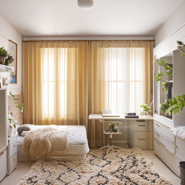 Design a light, airy 10x14 ft room, with a window-side computer-study table, cupboard, comfy bed, plush rug, elegant mirror, flowing curtains, fresh indoor plants, and neat desk organizers, strategically placed for functionality and visual harmony.