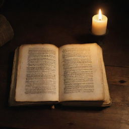 An old, sacred book titled 'The Book of Ezra' lying open on a wooden table, with candlelight illuminating the pages.