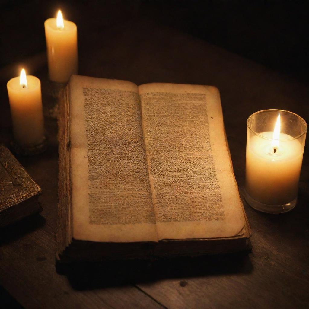 An old, sacred book titled 'The Book of Ezra' lying open on a wooden table, with candlelight illuminating the pages.