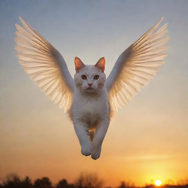 A unique sight of a feline being graced with angelic wings, gliding effortlessly through a sunset adorned sky.