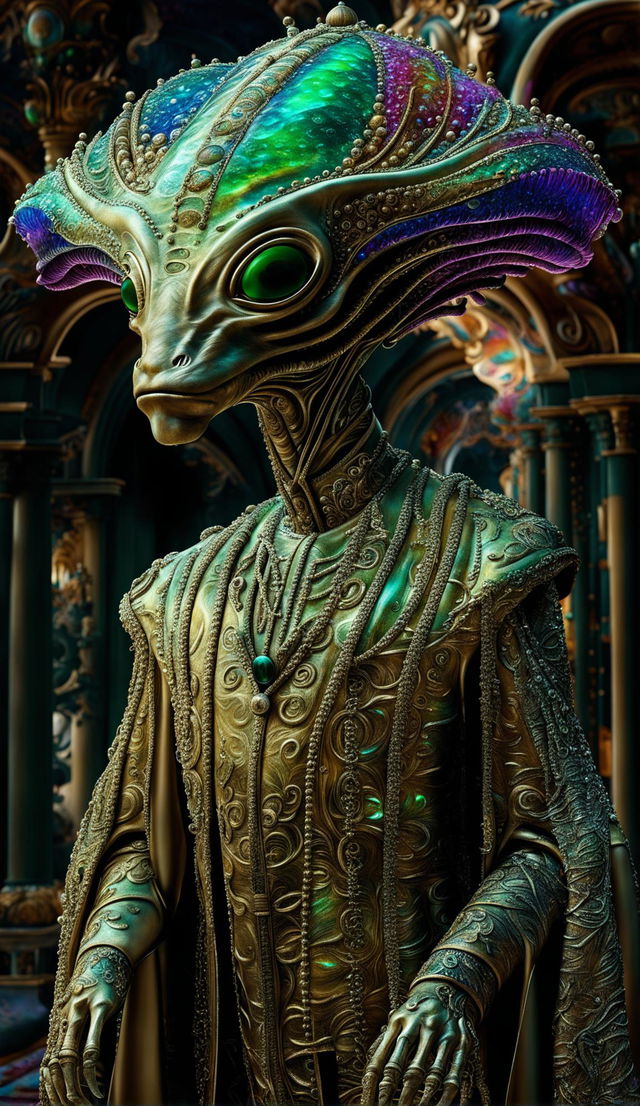 An iridescent alien in Baroque attire stands in front of a grand palace under a vibrant alien sky.