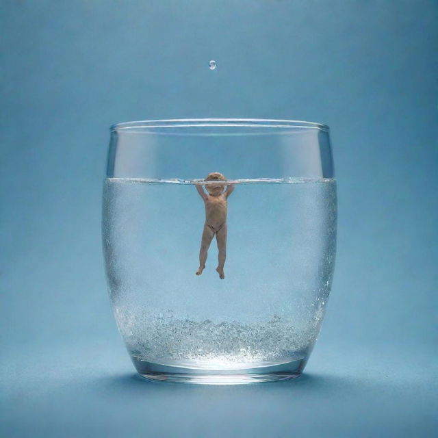 A surreal depiction of a miniature human swimming in a glass cup full of sparkling water.