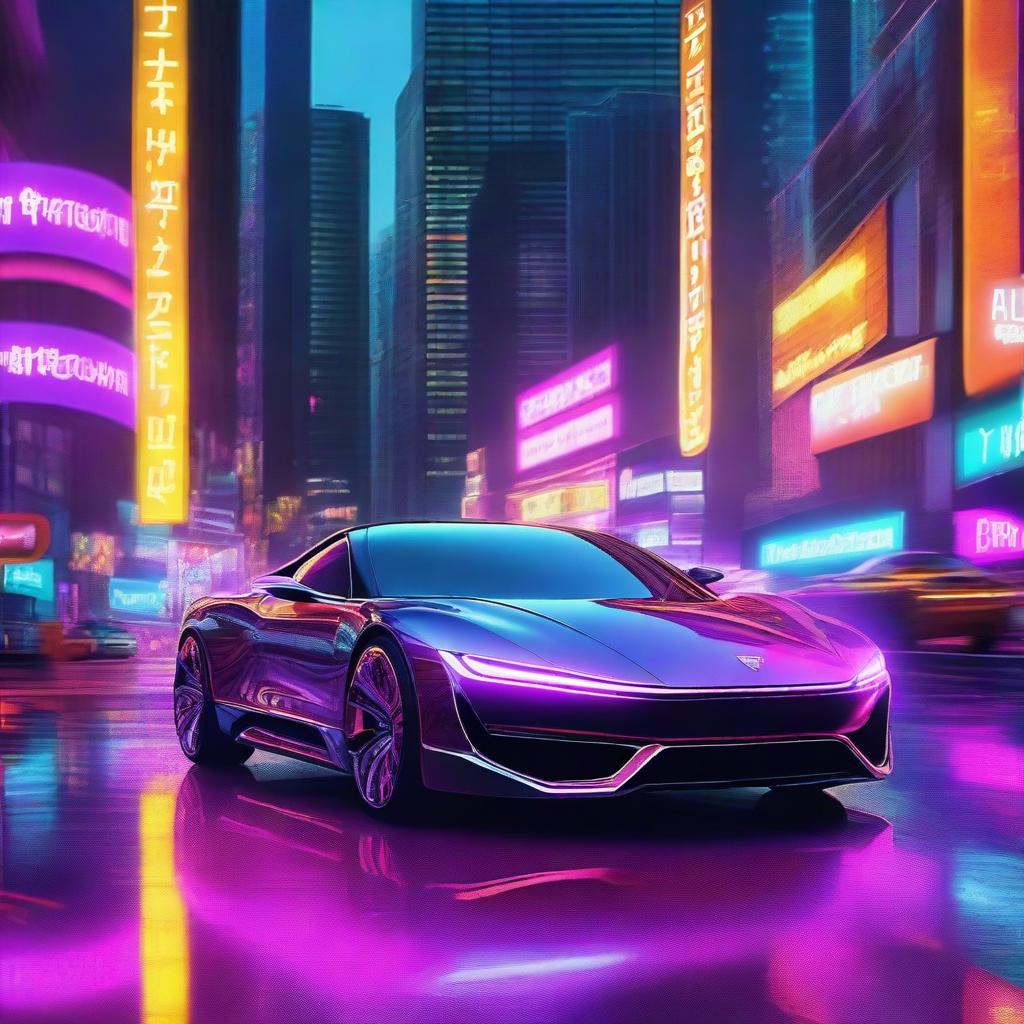 A digital art piece featuring a sleek, futuristic car