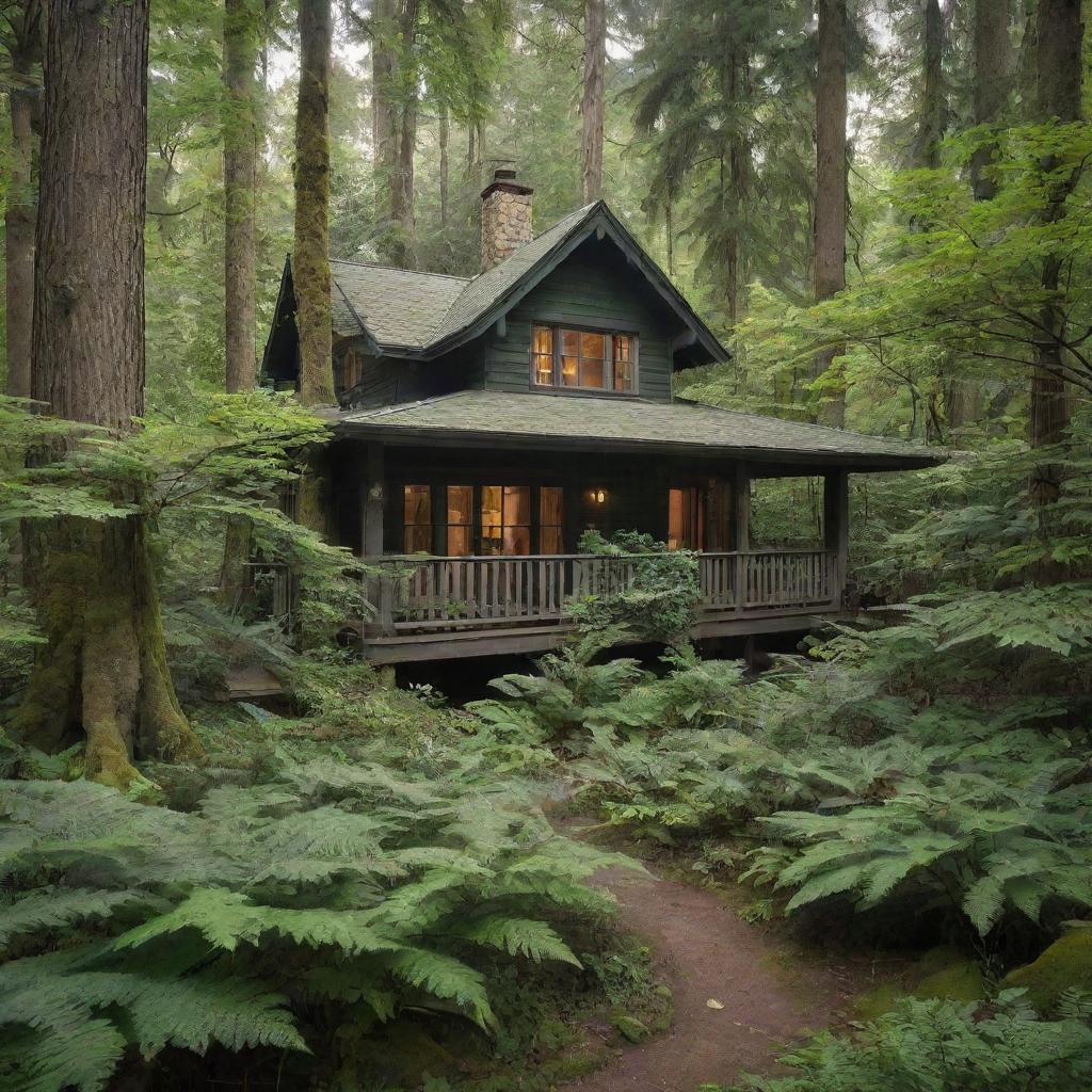 A charming home nestled in the heart of a lush, verdant forest, with tall trees surrounding it.