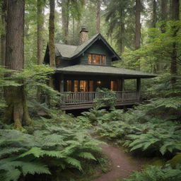 A charming home nestled in the heart of a lush, verdant forest, with tall trees surrounding it.