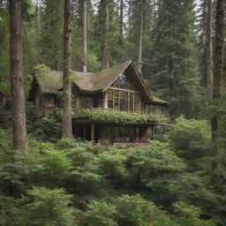 A charming home nestled in the heart of a lush, verdant forest, with tall trees surrounding it.