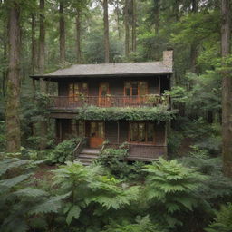 A charming home nestled in the heart of a lush, verdant forest, with tall trees surrounding it.