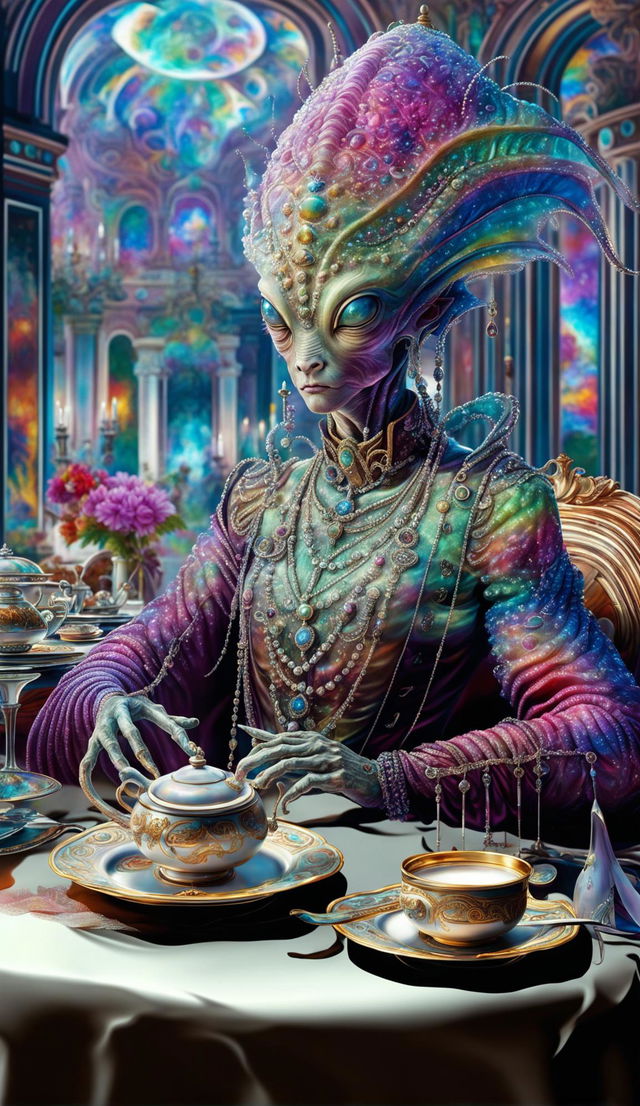 An iridescent alien in Baroque attire having high tea in a grand palace under a vibrant alien sky.