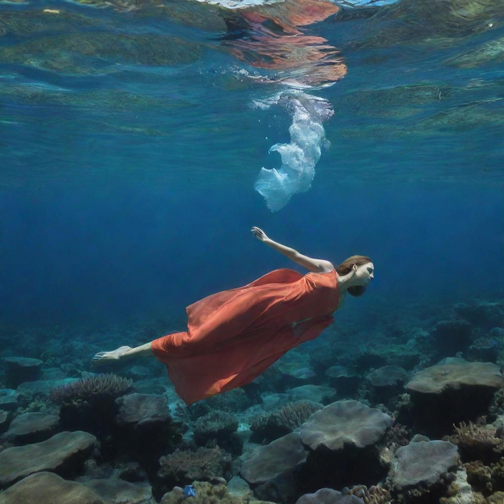 A human harmoniously swimming underwater, skillfully mimicking the movement of a fish amid a vibrant coral reef.