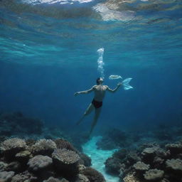 A human harmoniously swimming underwater, skillfully mimicking the movement of a fish amid a vibrant coral reef.