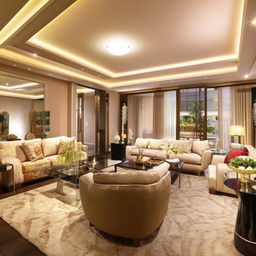 Exquisite modern living room interior with luxurious furnishings, ambient lighting, and elegant decor.