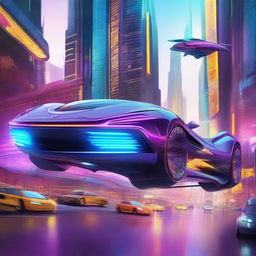 A high-quality digital art piece showcasing futuristic cars with the ability to fly