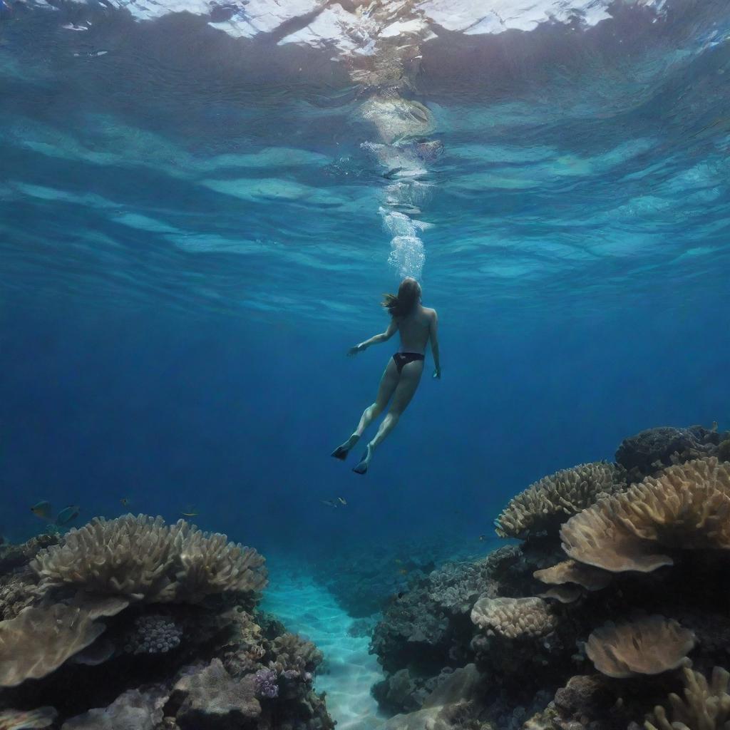 A human harmoniously swimming underwater, skillfully mimicking the movement of a fish amid a vibrant coral reef.