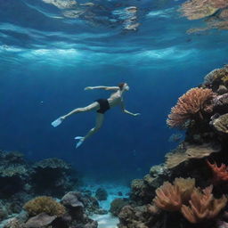 A human harmoniously swimming underwater, skillfully mimicking the movement of a fish amid a vibrant coral reef.