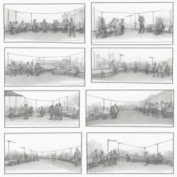 Create a series of 5 to 12 storyboard illustrations depicting the theme of 'meeting/encountering' in a sequential manner, each contributing to the progression of an overarching narrative or story.