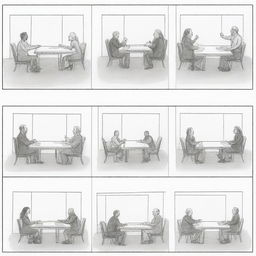 Create a series of 5 to 12 storyboard illustrations depicting the theme of 'meeting/encountering' in a sequential manner, each contributing to the progression of an overarching narrative or story.